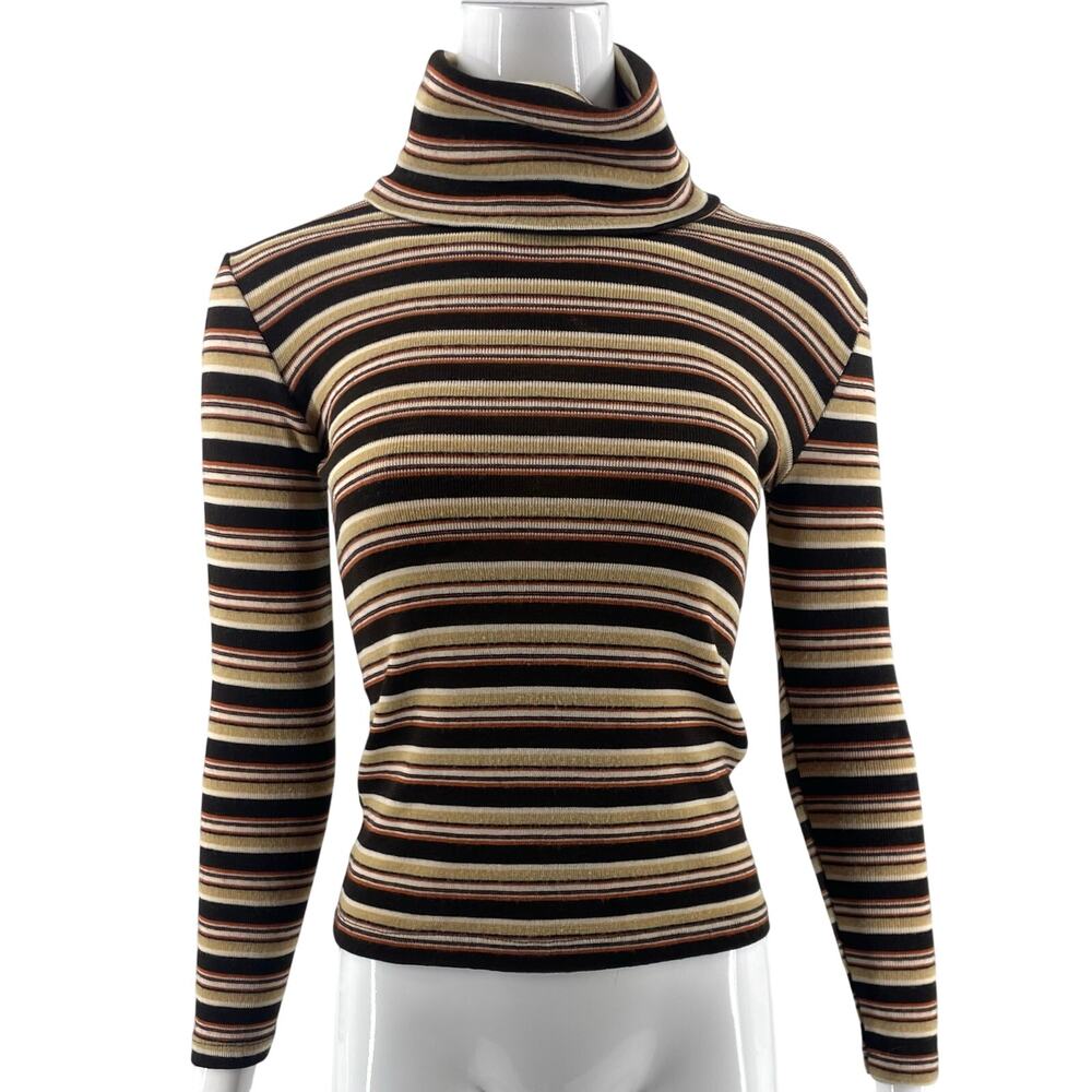 VTG 70s Womens Turtleneck Sweater Size Small Brown Tan Orange Striped Pullover
